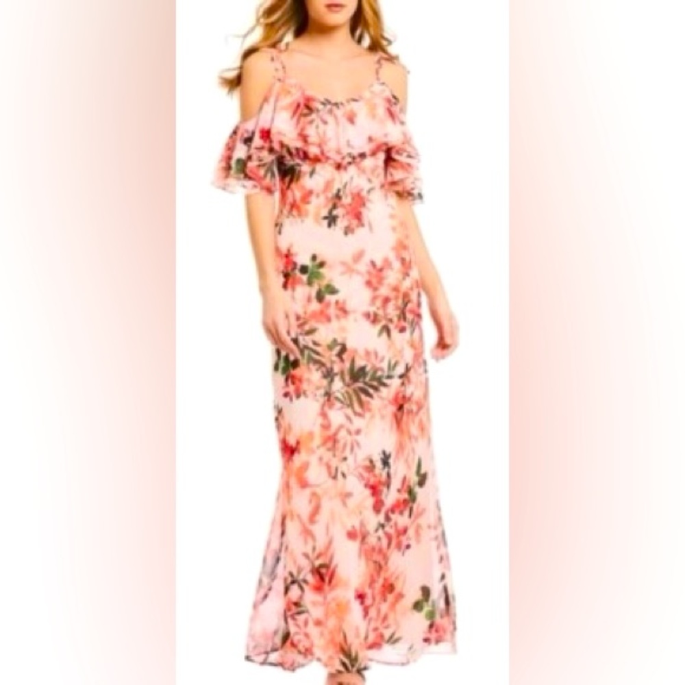 Calvin Klein Floral Pink and Green Chiffon Floral Maxi Dress